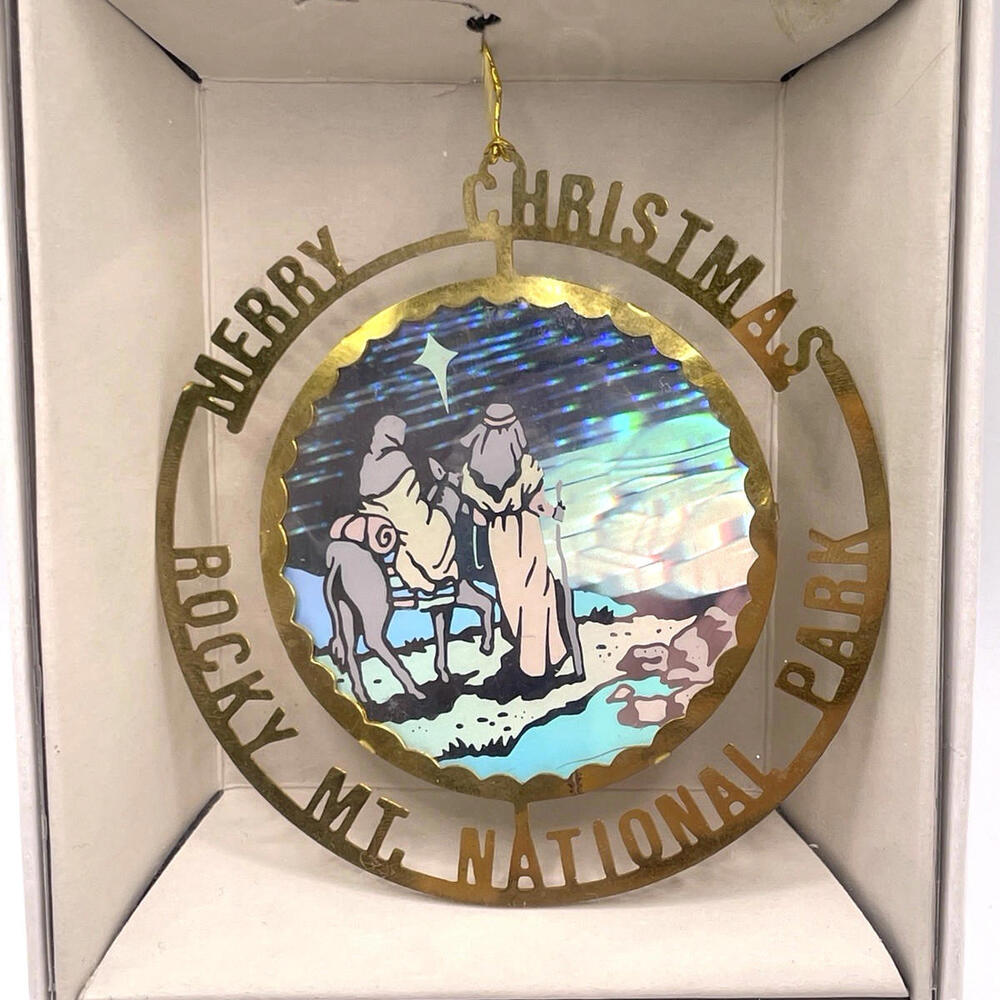 Rocky Mt National Park Hologram Brass Cut Out Christmas Ornament Vintage